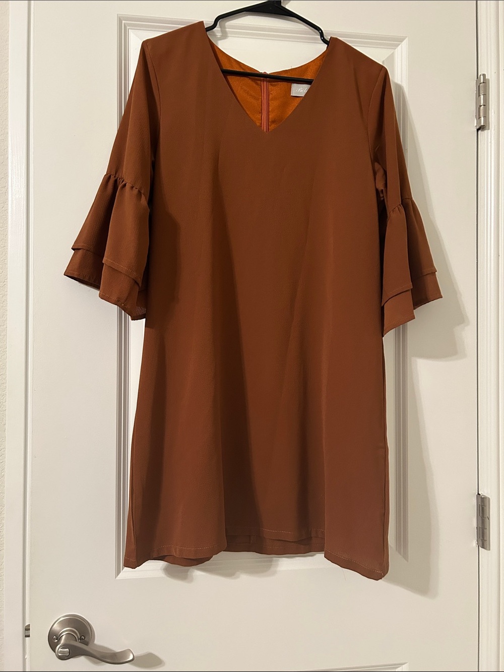 Ruffled Sleeve Midi Dress in Warm Brown